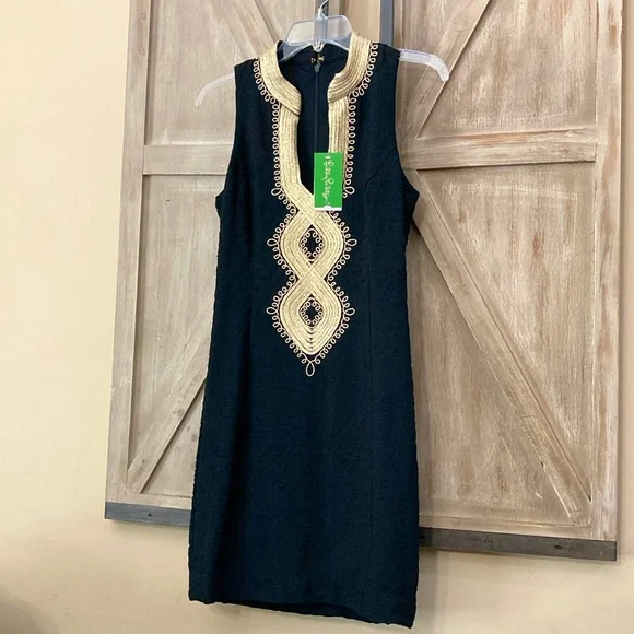 LILLY PULITZER ALEXA SHIFT DRESS ,BLACK with GOLD EMBROIDERY